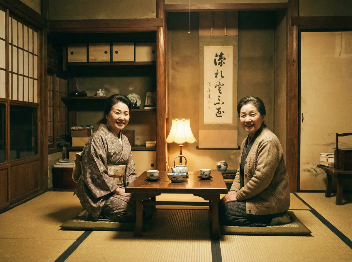 两位优雅的 我的枪好长 在日式茶室中品茶交谈